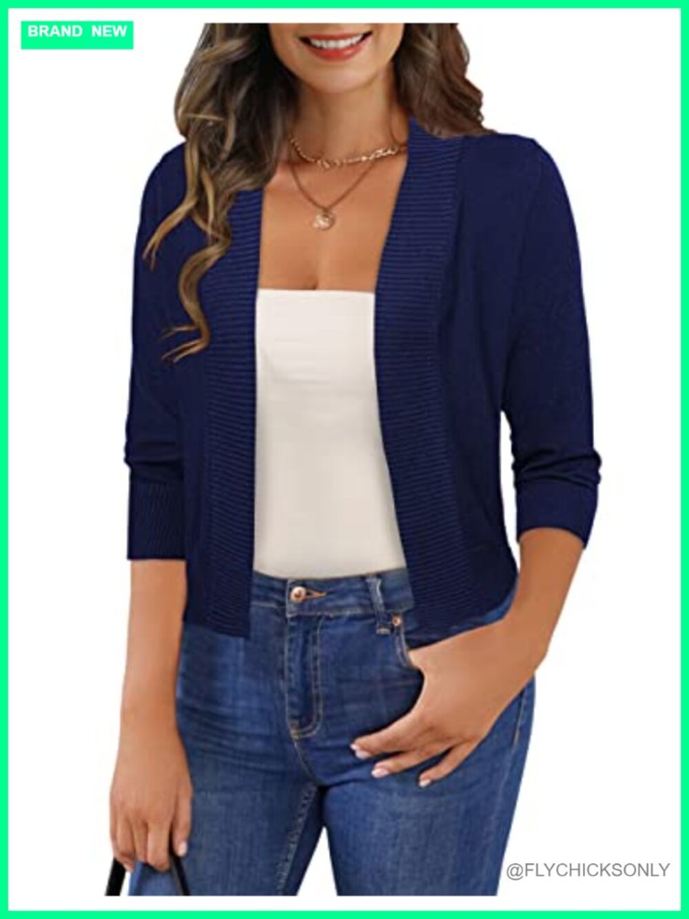 3/4 Sleeve Cropped Cardigan Shrug Open Front Rib Knit Lightweight